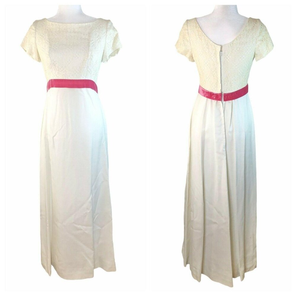 Vintage White Lace Maxi Dress Pink Velvet Waist Cap Sleeves Elegant Formal Wear